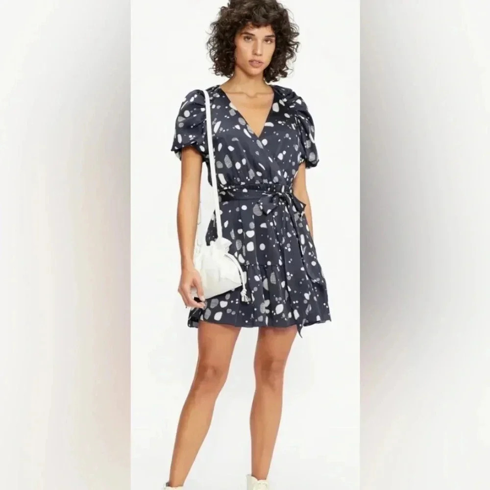 New $325 TED BAKER navy Blue White Steviee Spot Print S/s Dress Sz 4 US 12